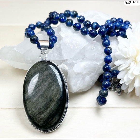 Jewelry - XL Gold Sheen Obsidian Big 925 Pendant Lapis Lazuli Gemstone Bead Necklace Chain